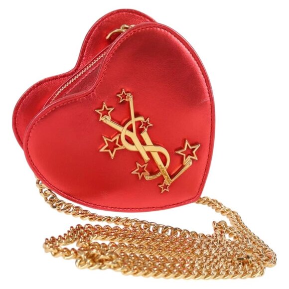 SAINT LAURENT Chain Shoulder Bag Leather Red Gold Auth BD2192M - Picture 1 of 16